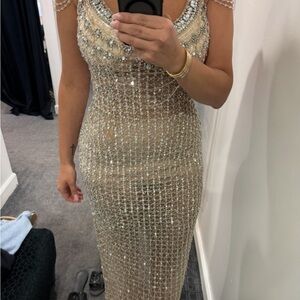 Jovani Silver and Cream Beaded Maxi Dress